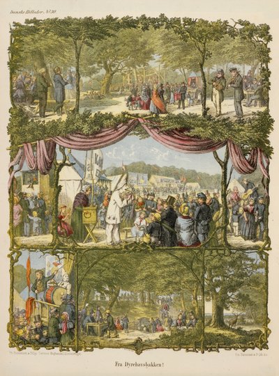 Scène van een Deense kermis, Fra Dyrehavsbakken, van een pamflet uitgegeven door Michaelsen & Tillage, 1850 door Hans Christian Ley